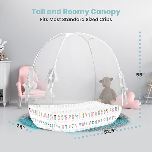 Pop Up Crib Tent, Fine Mesh Netting Cover to Keep Baby from Climbing Out, Falls and Mosquito Bites, Safety Net, Canopy Netting Cover - Sturdy & Stylish Infant Crib Topper - Alphabets Design in Saudi Arabia