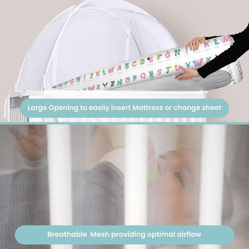 Pop Up Crib Tent, Fine Mesh Netting Cover to Keep Baby from Climbing Out, Falls and Mosquito Bites, Safety Net, Canopy Netting Cover - Sturdy & Stylish Infant Crib Topper - Alphabets Design in Saudi Arabia