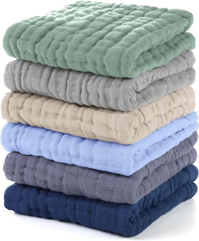 Muslin Baby Washcloths 6 Pack, 100% Cotton Wash Cloths for Babies, Large 12''X12'' Burp Cloths Absorbent and Soft for Newborn Infants Kids Boys Girls - Multicolor in Saudi Arabia