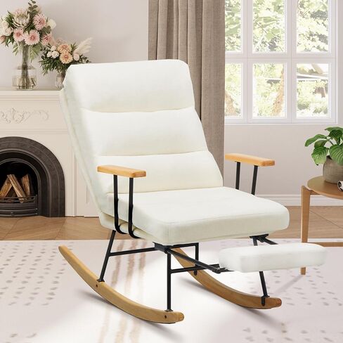 Rocking Chair with Footrest-Glider Rocker Chair with Retractable Footrest and Adjustable Backrest, Teddy Upholstered Rocking Chair, Modern Accent Chair for Living Room/Nursery/Bedroom/Outdoor-Beige in Saudi Arabia