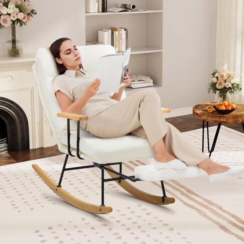 Rocking Chair with Footrest-Glider Rocker Chair with Retractable Footrest and Adjustable Backrest, Teddy Upholstered Rocking Chair, Modern Accent Chair for Living Room/Nursery/Bedroom/Outdoor-Beige in Saudi Arabia