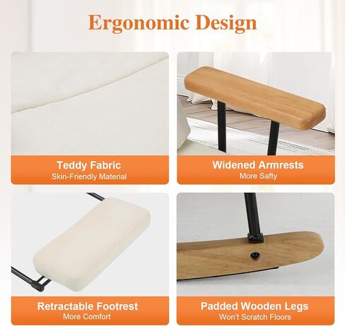 Rocking Chair with Footrest-Glider Rocker Chair with Retractable Footrest and Adjustable Backrest, Teddy Upholstered Rocking Chair, Modern Accent Chair for Living Room/Nursery/Bedroom/Outdoor-Beige in Saudi Arabia