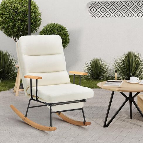 Rocking Chair with Footrest-Glider Rocker Chair with Retractable Footrest and Adjustable Backrest, Teddy Upholstered Rocking Chair, Modern Accent Chair for Living Room/Nursery/Bedroom/Outdoor-Beige in Saudi Arabia