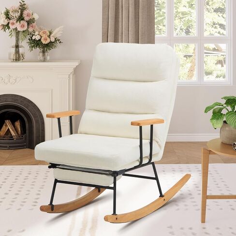Rocking Chair with Footrest-Glider Rocker Chair with Retractable Footrest and Adjustable Backrest, Teddy Upholstered Rocking Chair, Modern Accent Chair for Living Room/Nursery/Bedroom/Outdoor-Beige in Saudi Arabia
