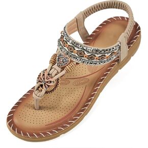 Aomigoct Sandals Women Flat Shoes: Dressy Summer Bohemian Flats Shoes for Women Sandals Comfortable Ankle Strap Outdoor Walking