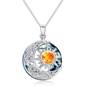 Sun Moon Necklace for Women 925 Sterling Silver Crescent Moon with Crystal Moonstone/Amber Sun Pendant Sun and Moon Jewelry for Women Girls