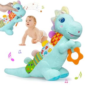 Baby Musical Plush Dino Toy for 0-3-6-12+ Months,Activity Soft with Rattle,Squeaker,Crinkles Sound Paper,Teether & Textures,Infant Dinosaur Tummy Time Toys Gifts for Newborn Toddler Girls (Purple)