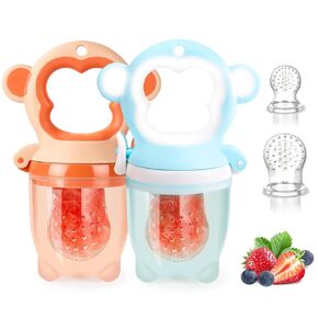 Baby Solids/Frozen Fruit Feeder Pacifier, Infant Teether Toy 4M+, BPA-Free Silicone Pouch & Nipple, Safely Introduce Solids, Teething Relief, 2-Pack (Ring - Green Pink)