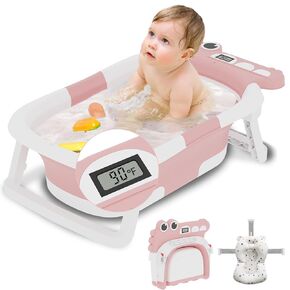 Collapsible Baby Bathtub, Baby Bath Tub with Soft Cushion & Thermometer, Alligator Baby Bathtub with Detachable Feet, Durable Infant Bathtub Applicable 0-36 Month, Blue