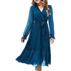 Girls Bohemian Dresses Flying Cap Sleeveless V Neck Belt Calf Long Maxi Pleated Flowy Dresses for Girls