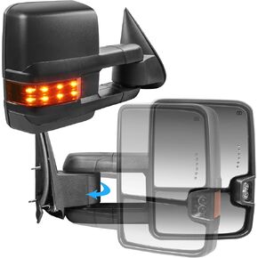 مرايا سحب الطاقة المسخنة متوافقة مع 2014-2019 Chevy Silverado 1500 2500 3500 HD/GMC Sierra مع ضوء تشغيل متسلسل أبيض، مجموعة أزواج ممتدة باللون الأسود