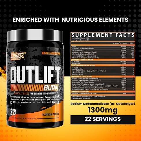 Outlift Burn Thermogenic Pre Workout Powder for Men & Women, Max Dosed 2 in 1 Performance & Weight Loss Supplement with Metabolyte Fat Burner Electrolytes, GBBGO Super Carnitine, CalorieBurn, 22 Serv in Saudi Arabia