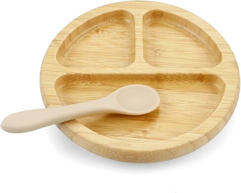 PandaEar Bamboo Suction Plate, Wooden Baby Plates with Silicone Spoons for Toddlers & Kids, Divided Non-Slip Wooden Plate Feeding Supplies in Saudi Arabia