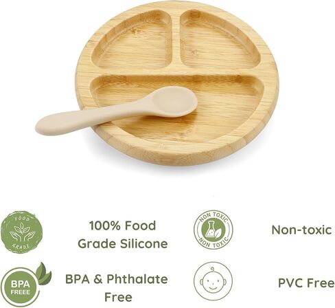 PandaEar Bamboo Suction Plate, Wooden Baby Plates with Silicone Spoons for Toddlers & Kids, Divided Non-Slip Wooden Plate Feeding Supplies in Saudi Arabia