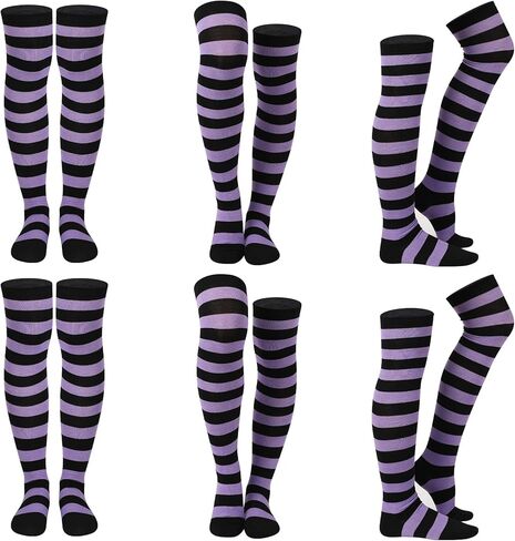 kymqlyw 6 Pairs Over Knee Long Striped Socks for Women Thigh High Sock Stockings Halloween Teen Girls Party Cosplay Stocking Costume（red and Light blue Striped） in Kuwait