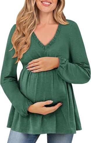 FMEYOA Women's Maternity Tops Long Sleeve V Neck Fall Loose Blouse Ruched Babydoll Pregnancy Shirts S-2XL in Saudi Arabia