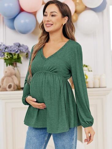 FMEYOA Women's Maternity Tops Long Sleeve V Neck Fall Loose Blouse Ruched Babydoll Pregnancy Shirts S-2XL in Saudi Arabia