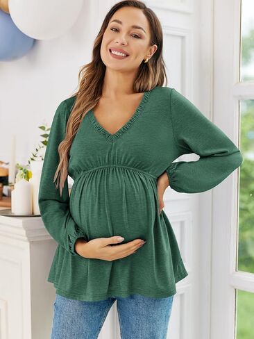FMEYOA Women's Maternity Tops Long Sleeve V Neck Fall Loose Blouse Ruched Babydoll Pregnancy Shirts S-2XL in Saudi Arabia