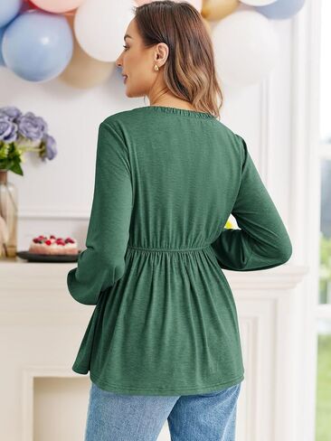 FMEYOA Women's Maternity Tops Long Sleeve V Neck Fall Loose Blouse Ruched Babydoll Pregnancy Shirts S-2XL in Saudi Arabia