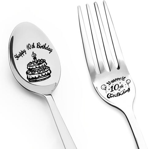 Happy 10th Birthday Gift for Daughter Son Spoon Fork Set for Brother Sister 10 Yrs Old Birthday Gifts for Friends Engraved Fork Spoon for Boys Girls 10 Year Old Birthday Presents for Grandkids in Saudi Arabia