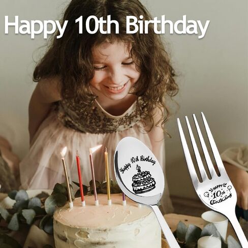 Happy 10th Birthday Gift for Daughter Son Spoon Fork Set for Brother Sister 10 Yrs Old Birthday Gifts for Friends Engraved Fork Spoon for Boys Girls 10 Year Old Birthday Presents for Grandkids in Saudi Arabia