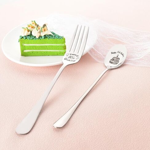 Happy 10th Birthday Gift for Daughter Son Spoon Fork Set for Brother Sister 10 Yrs Old Birthday Gifts for Friends Engraved Fork Spoon for Boys Girls 10 Year Old Birthday Presents for Grandkids in Saudi Arabia