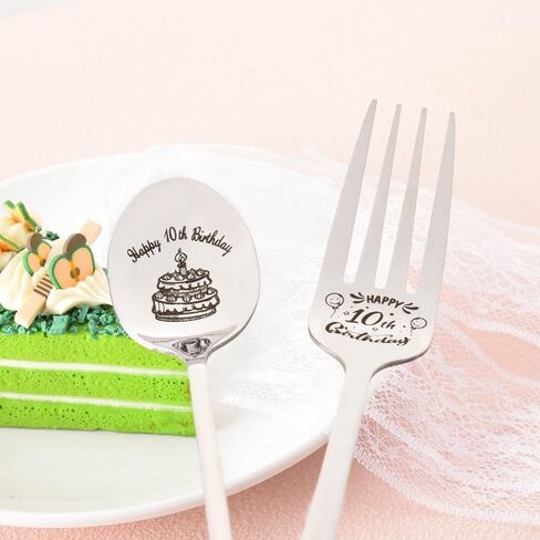 Happy 10th Birthday Gift for Daughter Son Spoon Fork Set for Brother Sister 10 Yrs Old Birthday Gifts for Friends Engraved Fork Spoon for Boys Girls 10 Year Old Birthday Presents for Grandkids in Saudi Arabia