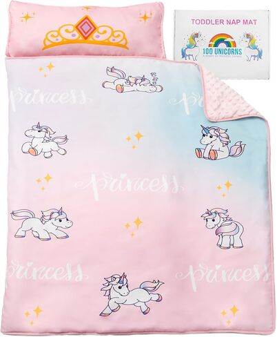 100 UNICORNS Portable Toddler Nap Mat | Sleeping Bag & Cot Alternative | Perfect Toddler Bed for Travel | includes A Cozy & Soft Blanket | Removable Pillow | Ideal for Kids in Daycare & Preschool in Saudi Arabia