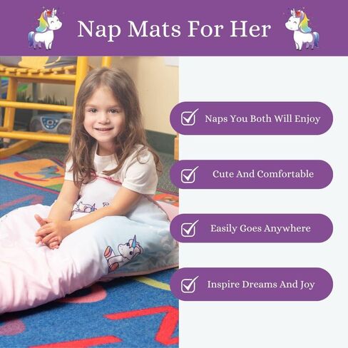 100 UNICORNS Portable Toddler Nap Mat | Sleeping Bag & Cot Alternative | Perfect Toddler Bed for Travel | includes A Cozy & Soft Blanket | Removable Pillow | Ideal for Kids in Daycare & Preschool in Saudi Arabia