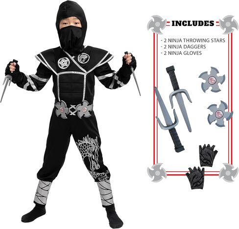 زي النينجا الفضي للأطفال من Spooktacular Creations، زي النينجا للأطفال من الجنسين لحفلات الهالوين in Saudi Arabia