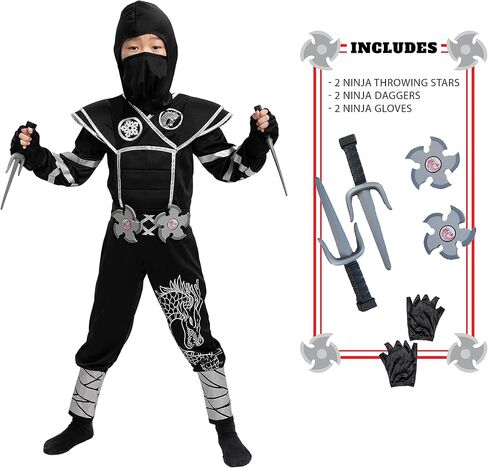 زي النينجا الفضي للأطفال من Spooktacular Creations، زي النينجا للأطفال من الجنسين لحفلات الهالوين in Saudi Arabia