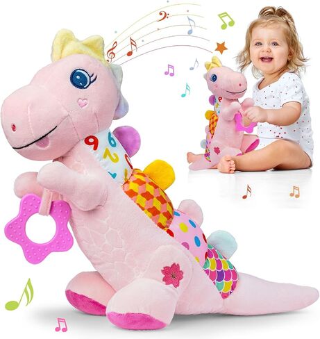Baby Dino Plush Soft Stuffed Animal Toy for 0-3-6-12+ Months,Infant Musical Toy with Rattle,Squeaker,Sensory Crinkle,Teether & Textures,Tummy Time Toys Christmas Baby Gift for Newborn Girl Boy (Blue) in Saudi Arabia