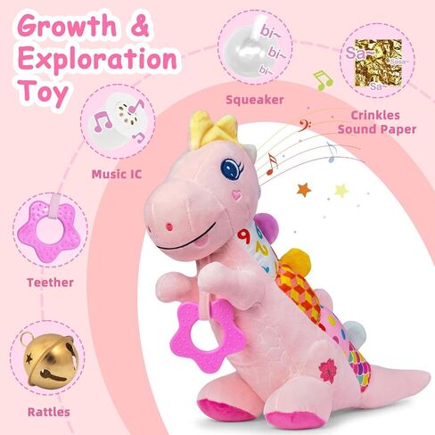 Baby Dino Plush Soft Stuffed Animal Toy for 0-3-6-12+ Months,Infant Musical Toy with Rattle,Squeaker,Sensory Crinkle,Teether & Textures,Tummy Time Toys Christmas Baby Gift for Newborn Girl Boy (Blue) in Saudi Arabia
