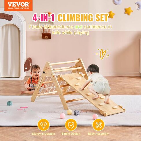 VEVOR Pikler Triangle Set Climber 4 in 1, Montessori Foldable Climbing Set, Large Size Toddler Climbing Toys Indoor with Triangle and Ramp for Kids (Wooden Color) in Saudi Arabia