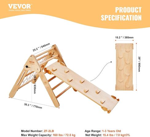 VEVOR Pikler Triangle Set Climber 4 in 1, Montessori Foldable Climbing Set, Large Size Toddler Climbing Toys Indoor with Triangle and Ramp for Kids (Wooden Color) in Saudi Arabia