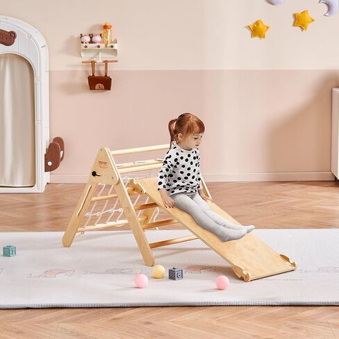 VEVOR Pikler Triangle Set Climber 4 in 1, Montessori Foldable Climbing Set, Large Size Toddler Climbing Toys Indoor with Triangle and Ramp for Kids (Wooden Color) in Saudi Arabia
