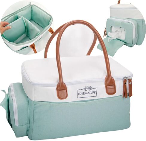 Baby Diaper Caddy Organizer - Stylish Waterproof Large Diaper Caddy with Lid - Durable Sage & White Baby Diaper Organizer Caddy - Spacious & Customizable Portable Diaper Caddy with Changing Mat in Saudi Arabia