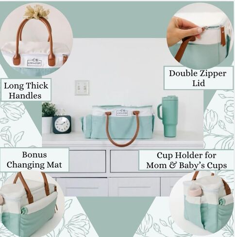 Baby Diaper Caddy Organizer - Stylish Waterproof Large Diaper Caddy with Lid - Durable Sage & White Baby Diaper Organizer Caddy - Spacious & Customizable Portable Diaper Caddy with Changing Mat in Saudi Arabia