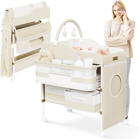 Portable Baby Changing Table with Wheels - Modern Dresser Changing Tables w/Hanging Toys, Laundry Bag, Changing Table Organizer Boxes - Folding Waterproof Baby Diaper Changing Station for Nursery in Saudi Arabia