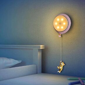 Balloons Motion Sensor Wall Lamp Rechargeable LED Night Light: (Magnetic, Dimming 2 Modes, with Twine Kitten Decor), Pink Base Night Lights for Kids Room Girls Bedroom Hallway Wall Nursery Lamp