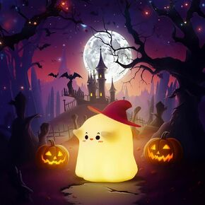 Hbaushun Ghost Night Light, Halloween Decorations Cute LED Silicone Lamp, Dimmable Bedside Lamp, Rechargeable Nursery Nightlight, with 30 Minute Timer Touch Lamp for Kids Birthday Halloween Gifts