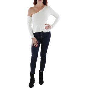 BCBGMAXAZRIA Women's Fitted Peplum Top Long Sleeve Asymmetrical Off The Shoulder Neck Shirt