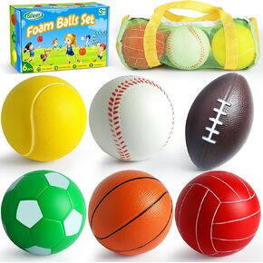Mini Sports Balls Set for Toddler, First Sports Bag for Kids 3+, Include 1 Each of 3.5" Foam Soccer, Tennis Ball, Basketball, Football, Baseball, Volleyball, Fun Baby Ball Toys, Set of 6