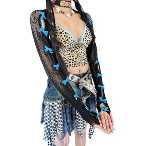 Women's Mesh Lace Shrug Crop Top Y2K Aesthetic Arm Sleeves Cardigan with Bow Grunge Cute Fairycore Accessories