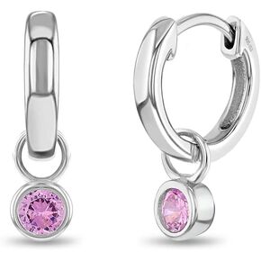 925 Sterling Silver 12mm Round Cubic Zirconia Charm Huggie Hoop Earrings For Young Girls & Teens - Great Jewelry Gift Ideas for Young Girls - Simple Hoop Earrings for Everyday Wear