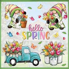 Mfault 102 PCS Hello Spring Gnome Flower Window Clings 9 Sheets, Floral Sunflower Daisy Butterfly Wall Stickers Decal Decorations, Honey Bee Ladybug Seasonal Living Room Home Kitchen Decor