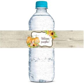 Watercolor Sunflower & Peony Floral with Pumpkins Fall Baby Shower Waterproof Water Bottle Sticker Wrappers 20 Wrap Around Labels Sized 1.75" x 8.5" by AmandaCreation