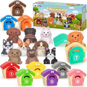Toys for 1 2 3 Years Old Boys Girls, Counting and Color Sorting Toys - 10 Dog Finger Puppet Toys and 10 Puppy Houses Playset, Montessori Toys for 9+ Months, Birthday Gifts for Baby Toddlers Boys Girls