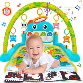 Dinosaur Baby Gym Play Mats 0-6 Months Tummy Time Mat Musical Activity Center with High Contrast Book Piano Floor Playmate for Baby 0-3 3-6 Months Infant Toys Gifts for 2 3 4 5 6 Month Old Boys Girls