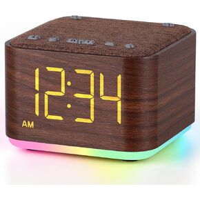 Sound Machine Alarm Clock for Bedroom: 5W Stereo Bluetooth Speaker - 25 Soothing Sounds - 8 Alarm Sounds - 8 Night Light - Noise Machine for Sleeping - Wood